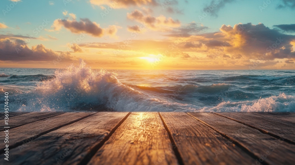 Majestic sunset over ocean waves with wooden pier during golden hour Majestic sunset over ocean waves with wooden pier during golden hour