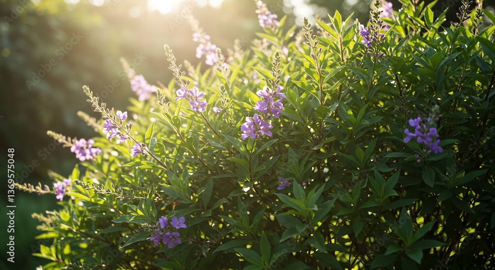 Obraz premium Golden sunlight illuminates delicate purple flowers nestled in lush green foliage creating a serene summer scene.. AI Generated