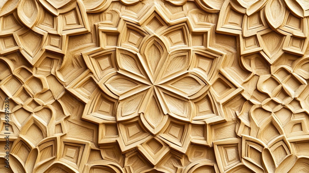 Obraz premium Intricate Wooden Floral Carving, Islamic Architecture, Background Texture, Design Element