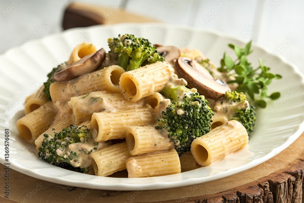 a plate of rigatoni pasta, generously coated with a creamy sauce and mixed with broccoli florets a plate of rigatoni pasta, generously coated with a creamy sauce and mixed with broccoli florets