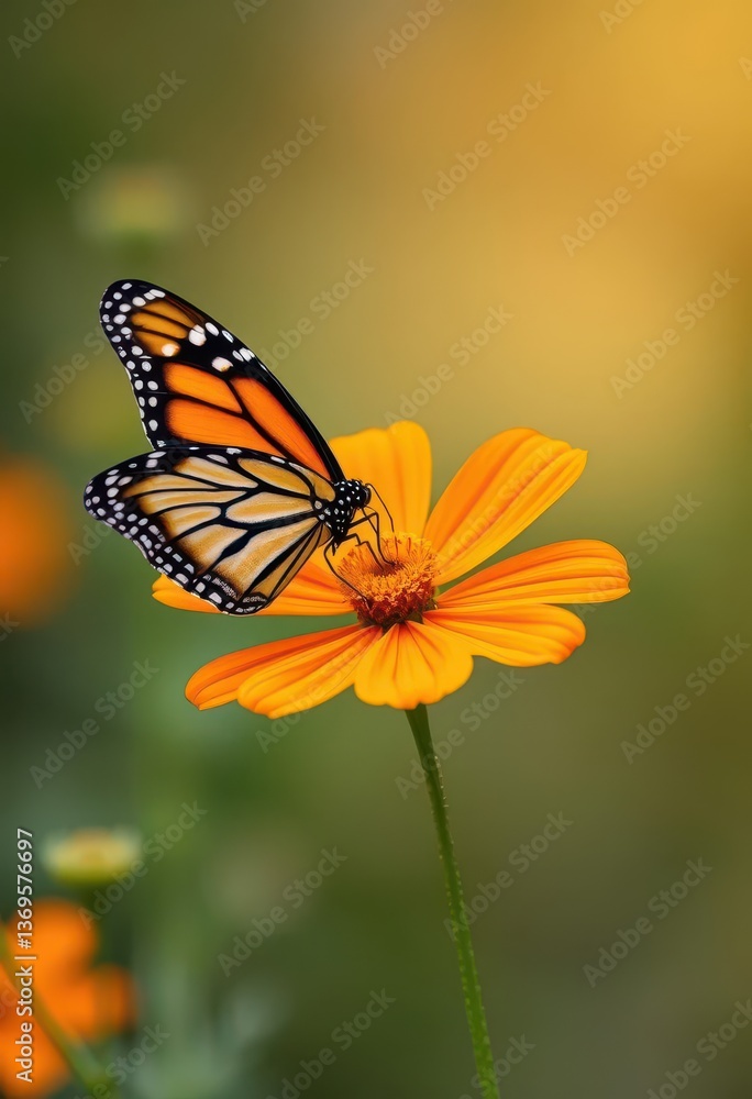 A Monarch butterfly delicately perched on a vibrant orange cosmos flower, blossom, close-up, fauna A Monarch butterfly delicately perched on a vibrant orange cosmos flower, blossom, close-up, fauna