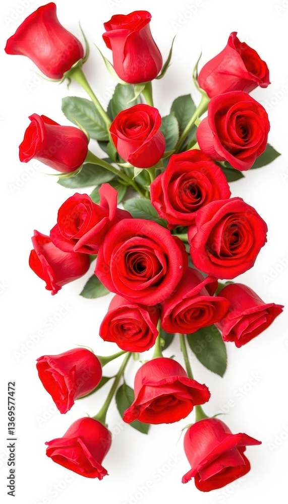 A vibrant bouquet of red roses, isolated on a pure white background, botany, petals A vibrant bouquet of red roses, isolated on a pure white background, botany, petals