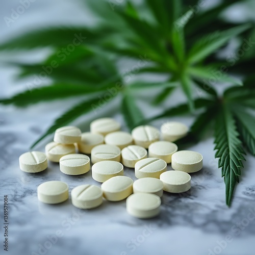 Yellow pills on a surface surrounded by cannabis leaves, concept of alternative medicine, CBD, and natural health supplements