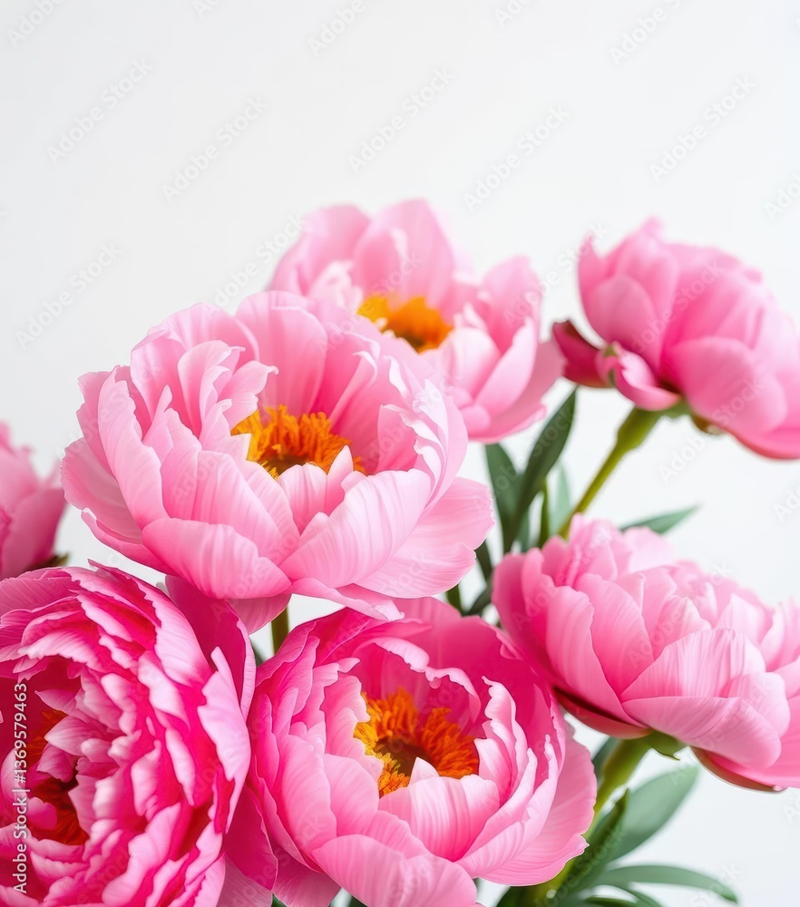 Obraz premium Close-up of lush pink peonies against a pure white backdrop, pink peonies, garden