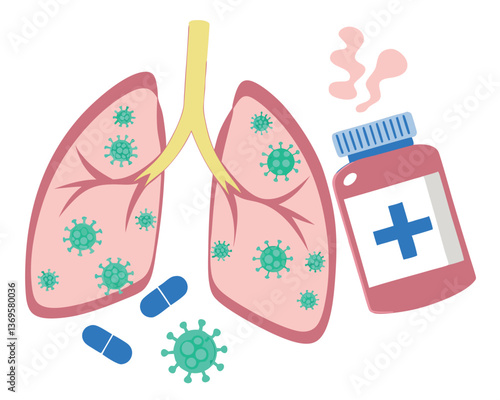 Respiratory Illness Concept: Lungs with Virus, Medicine Bottle and Pills