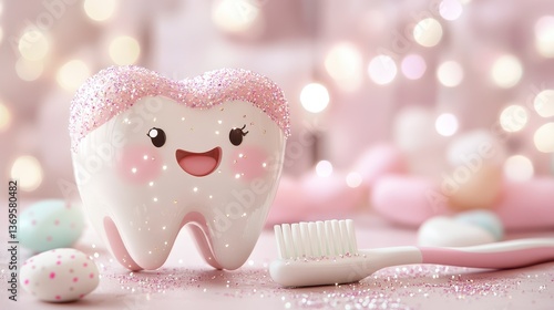 Playful Cartoon Tooth with Glitter and Easter Eggs