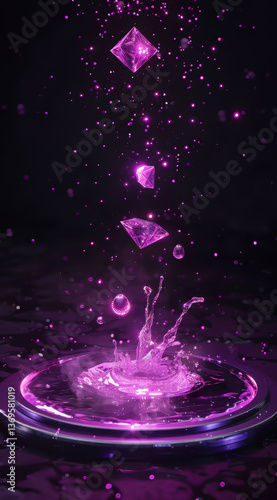 Mystical purple crystals falling into vibrant water splash creating a mesmerizing otherworldly scene with dark background and neon glow