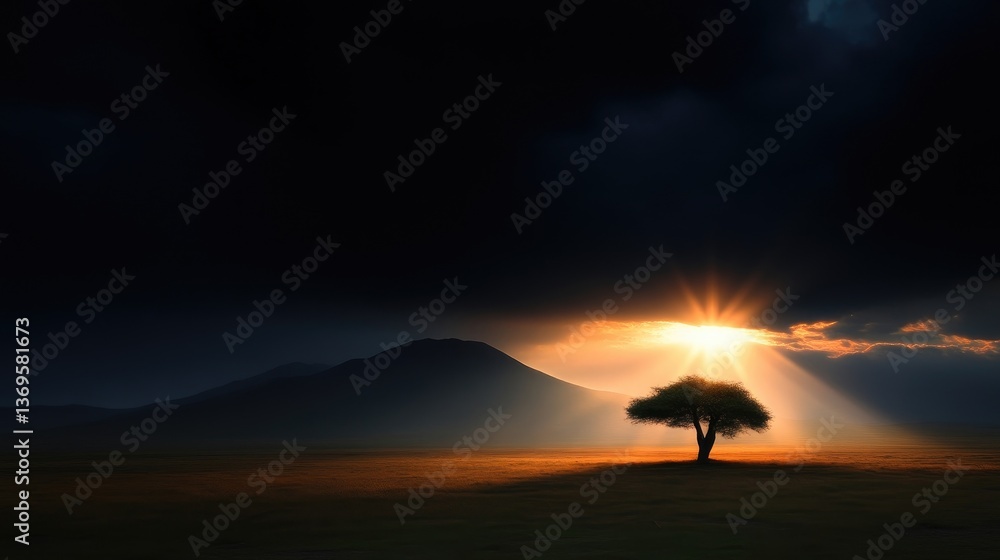Obraz premium Solitary tree bathed in sunrise, dramatic sky