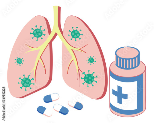 Respiratory Illness Concept: Lungs with Virus, Medicine Bottle and Pills