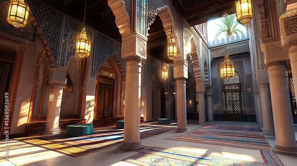 Obraz premium Moroccan Mosque Courtyard Sunlit Interior Design
