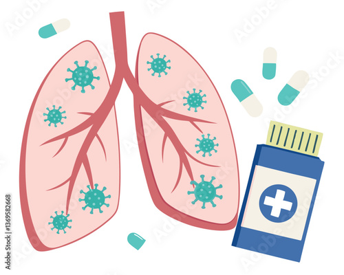 Respiratory Illness Concept: Lungs with Virus, Medicine Bottle and Pills