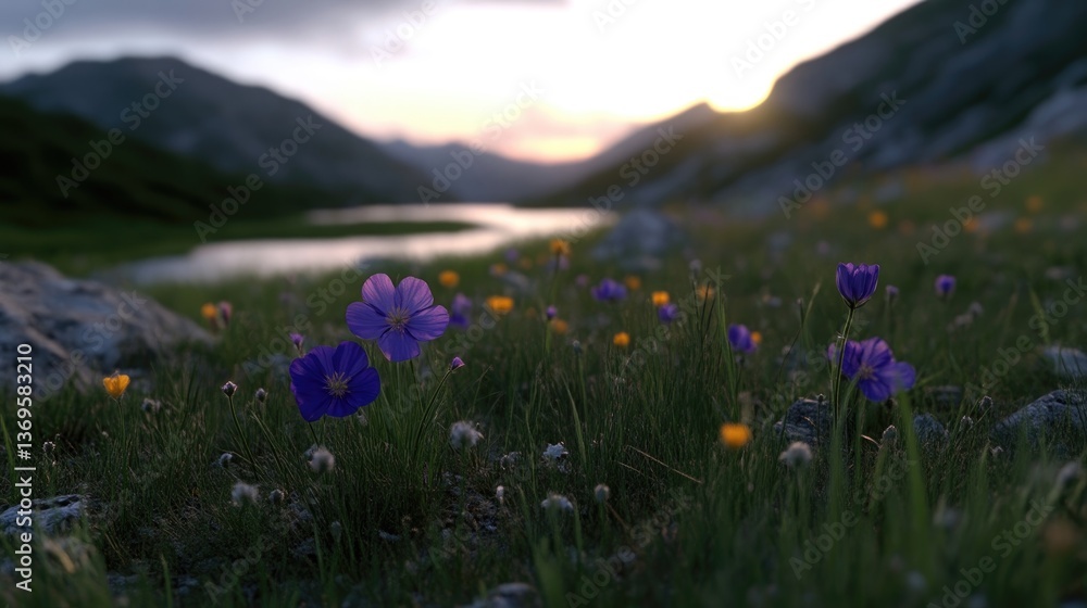 Fototapeta premium Mountain meadow flowers at sunset
