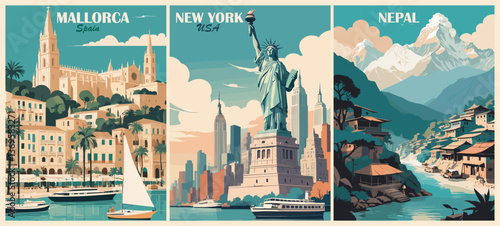 Set of Travel Destination Posters in retro style. Nepal, New York, USA, Mallorca, Spain landscape digital prints. Exotic summer vacation, holidays concept. Vintage vector colorful illustrations.