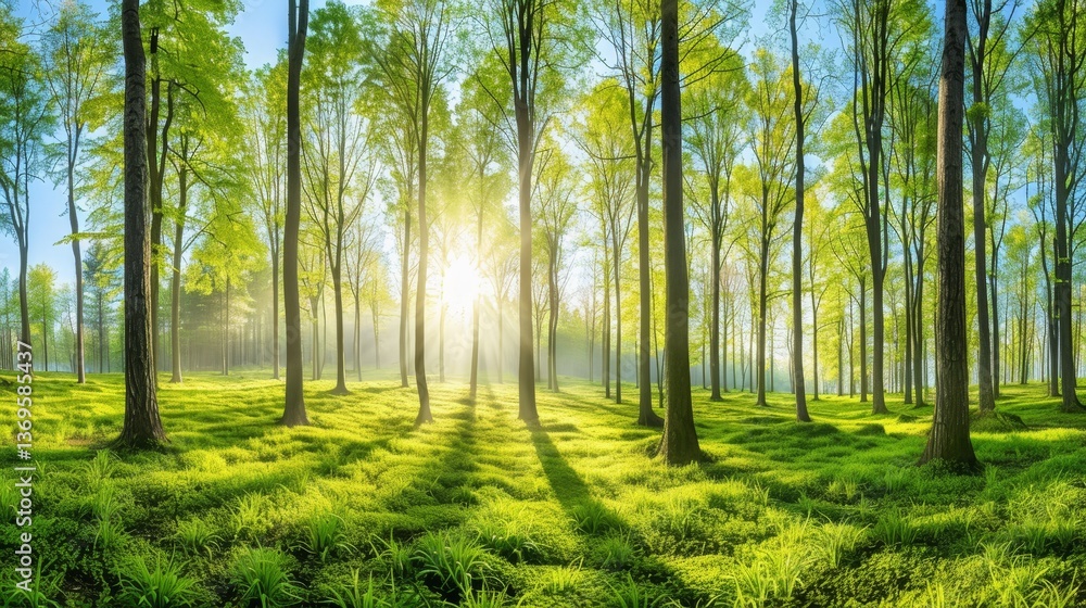 Fototapeta premium Breathtaking spring morning in a misty forest with lush nature and gentle sunlight glow