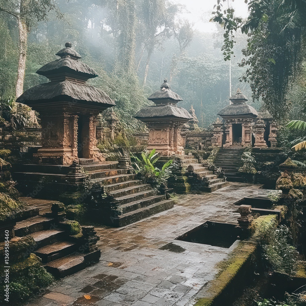 Obraz premium Misty Indonesian temple complex, ancient architecture, lush forest, serene atmosphere
