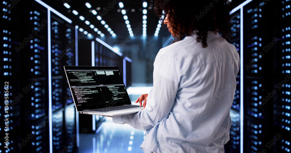 Cloud Computer Engineer Coding In Server Room In Data Center