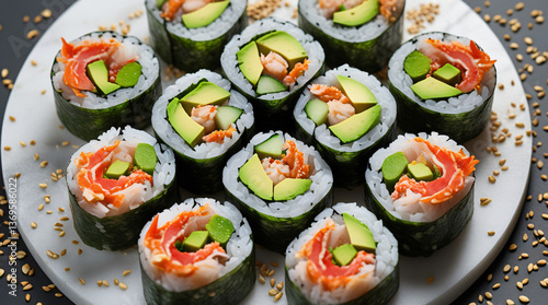 Maki sushi roll, bursting with color, lies on a sleek, white marble slab, surrounded by scattered sesame seeds, its eight bite-sized pieces neatly arranged in a circular pattern