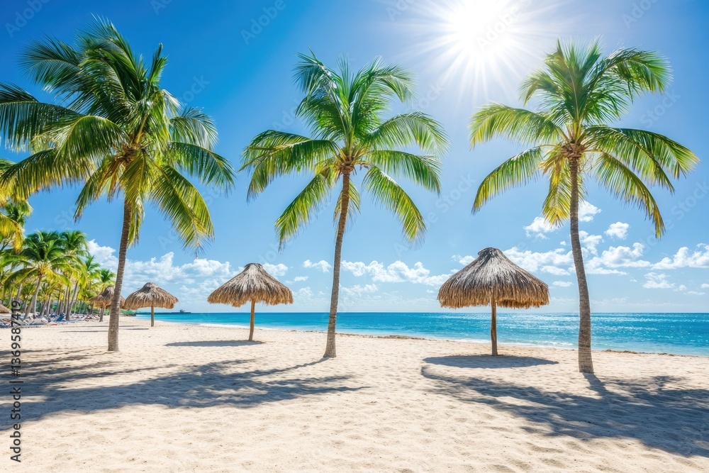 Serene Tropical Paradise A Beautiful Beach Scene with Palm Trees and Shade Serene Tropical Paradise A Beautiful Beach Scene with Palm Trees and Shade