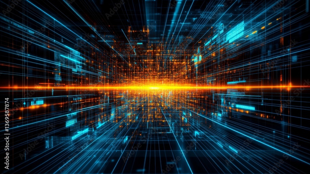 Neon Futuristic Gridscape Illuminating Digital Horizon with Technology Concept Neon Futuristic Gridscape Illuminating Digital Horizon with Technology Concept