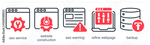 A set of 5 business icons as seo service, website construction, seo warning