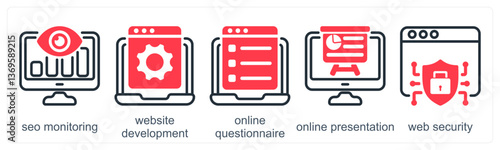A set of 5 business icons as seo monitoring, web site development, online questionnaire