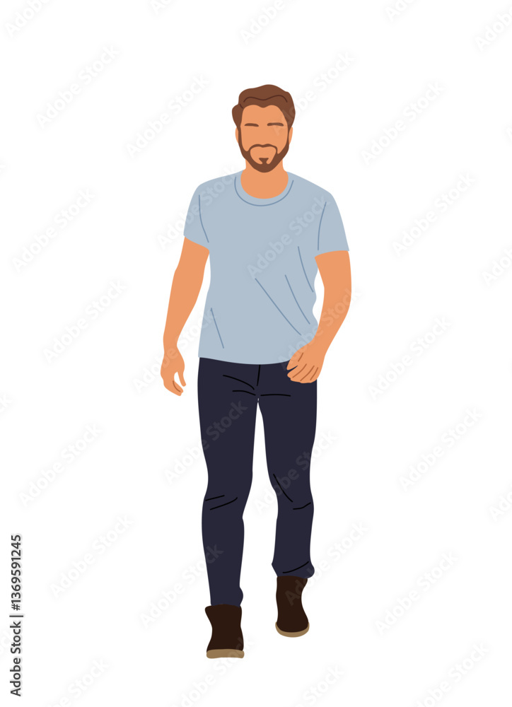Casual man character walking front view. Handsome bearded guy in blue t-shirt, dark jeans, boots. Vector realistic illustration isolated Casual man character walking front view. Handsome bearded guy in blue t-shirt, dark jeans, boots. Vector realistic illustration isolated