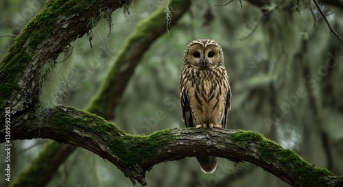 Majestic owl perched serenely on mossy branch soft light filters through forest canopy creating tranquil ambiance. AI Generated