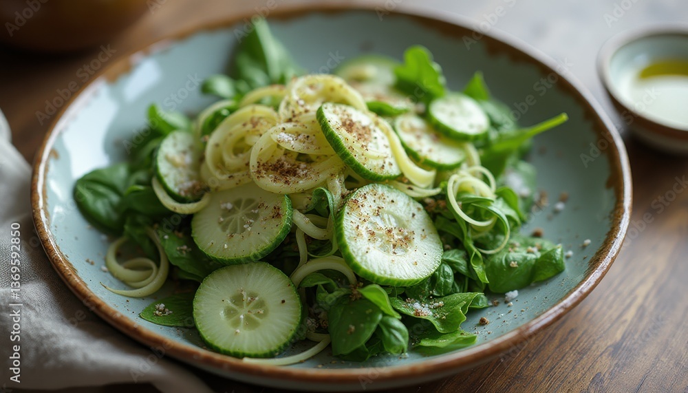 Fresh and Healthy Salad Composition with Zucchini Noodles and Cucumber Slices on a Rustic Plate Fresh and Healthy Salad Composition with Zucchini Noodles and Cucumber Slices on a Rustic Plate