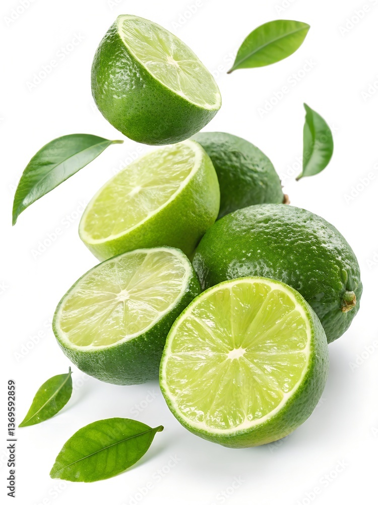 Fresh Limes with Green Leaves and Slices Fresh Limes with Green Leaves and Slices