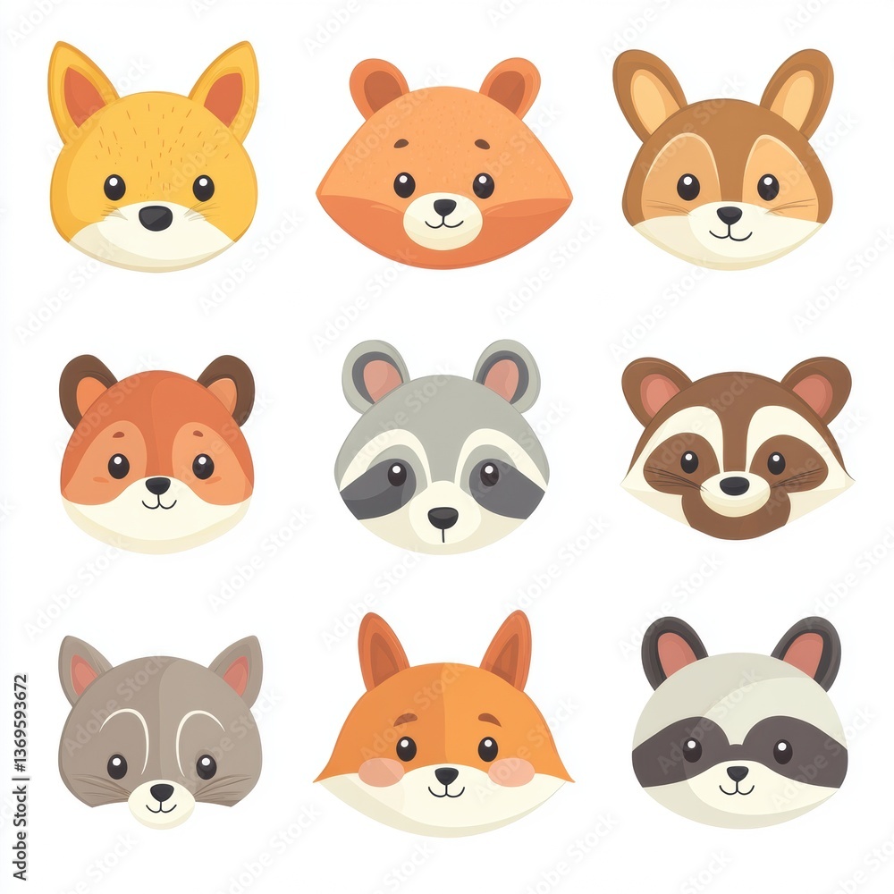 Obraz premium Adorable Animal Avatars: A charming collection of hand-drawn animal faces, including foxes and raccoons, with expressive eyes, offering a delightful and playful touch.