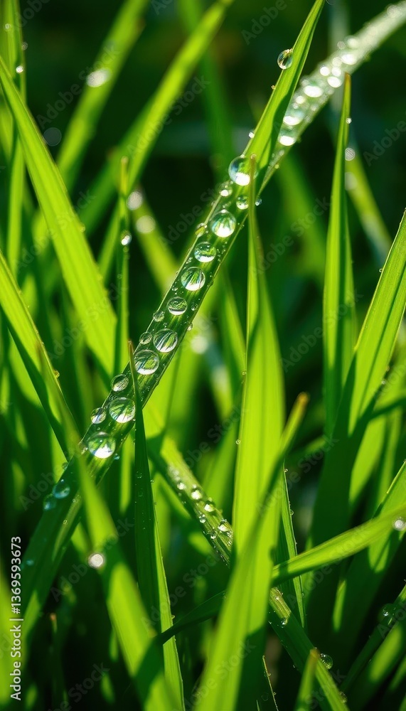 Tiny water droplets clinging to blades of vibrant green grass, glistening in sunlight, picture, closeup Tiny water droplets clinging to blades of vibrant green grass, glistening in sunlight, picture, closeup