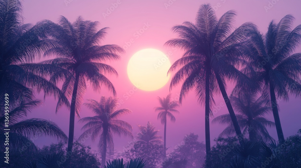 Naklejka premium Sunset silhouettes of tropical palms, vibrant purple sky, fantasy island