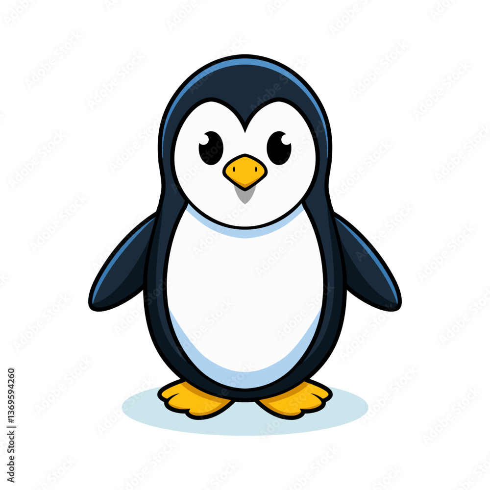 Obraz premium A cute penguin standing on a light blue shadow, isolated on a white background.