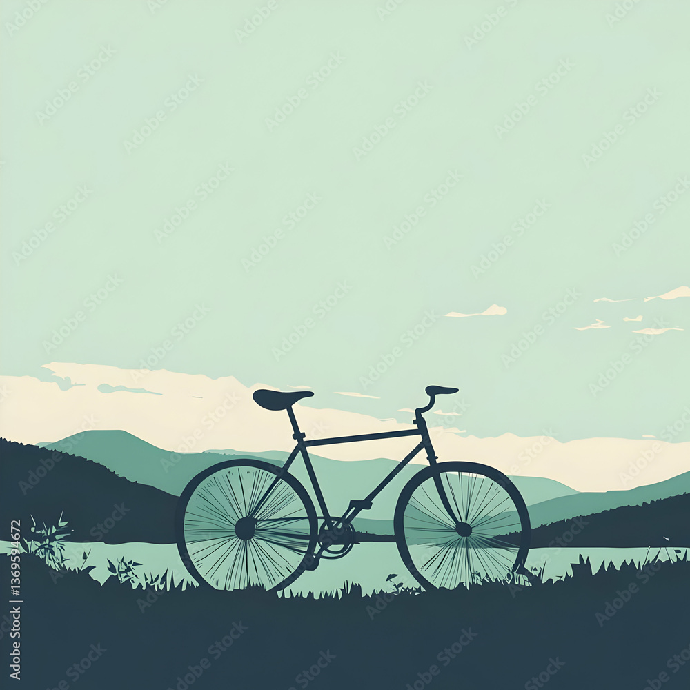 Fototapeta premium A silhouette of a bicycle against a serene landscape with mountains and a lake.