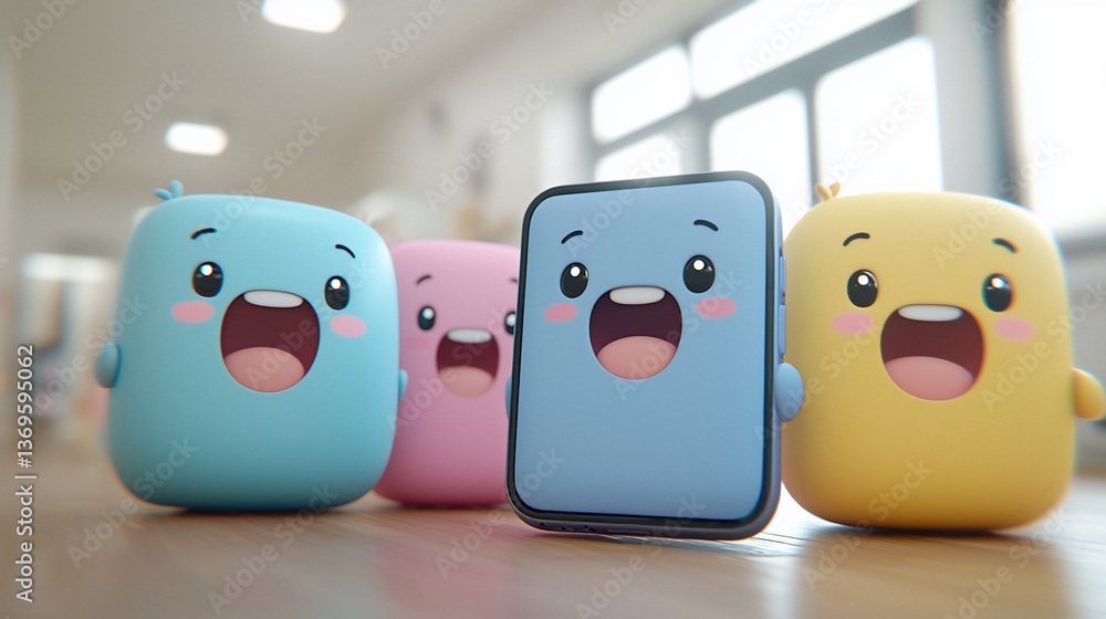 Obraz premium Cute cartoon characters with phone, office background
