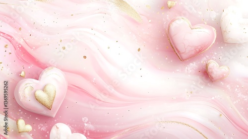 Abstract background with pink hearts and gold glitter accents