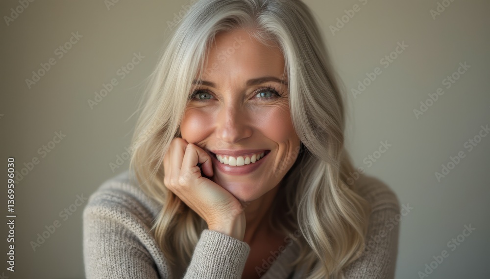 Radiant mature woman with silver hair and a warm smile, posing thoughtfully, capturing natural beauty and elegance. Radiant mature woman with silver hair and a warm smile, posing thoughtfully, capturing natural beauty and elegance.