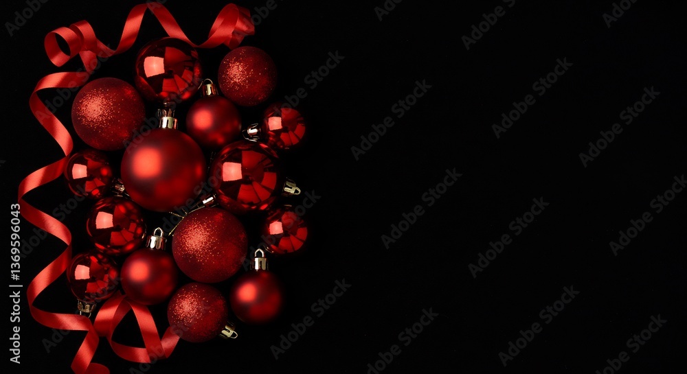 Red Christmas ornaments elegantly arranged against a dark background create a festive mood.. AI Generated Red Christmas ornaments elegantly arranged against a dark background create a festive mood.. AI Generated
