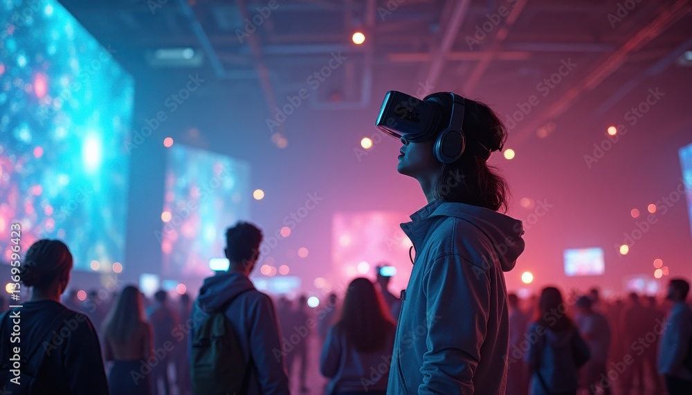 Fototapeta premium Engrossed Woman Immersed in Virtual Reality Experience at Cutting-Edge Tech Exposition with Holographic Displays