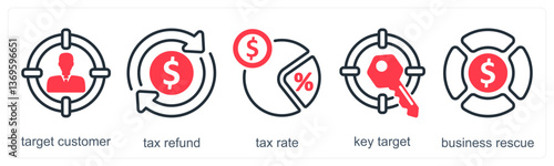 A set of 5 business icons as target customer, tax refund, tax rate
