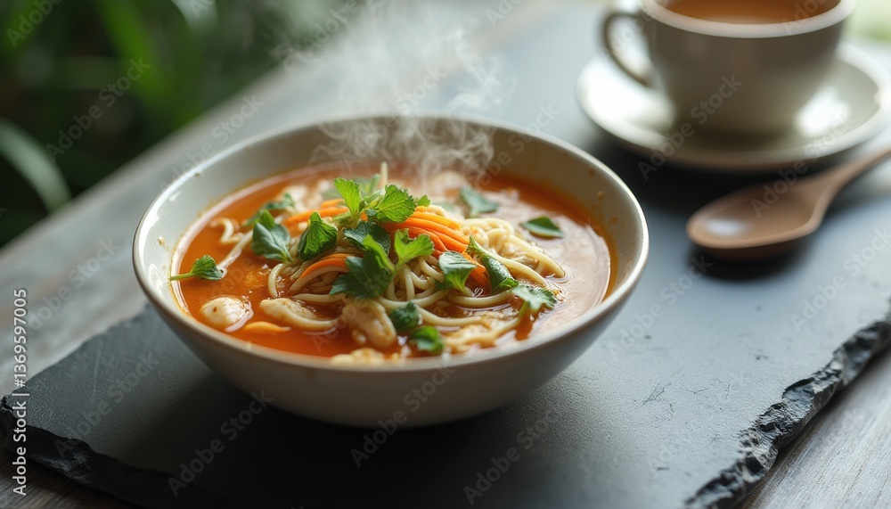 Steaming Asian Noodle Soup Garnished with Fresh Herbs and Vegetables Served in a Cozy Restaurant Setting Steaming Asian Noodle Soup Garnished with Fresh Herbs and Vegetables Served in a Cozy Restaurant Setting