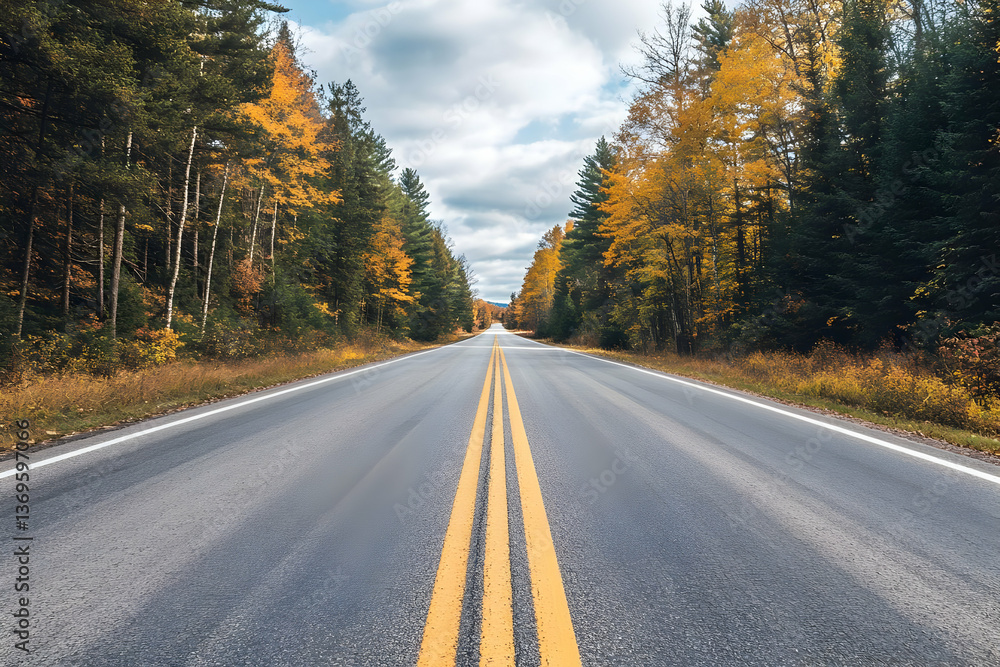 Fototapeta premium A tranquil road lined with autumn trees, inviting exploration and travel.
