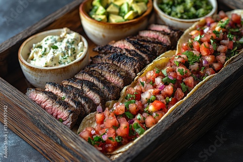 Tacos are arranged neatly with grilled beef, diced tomatoes, lettuce, and herbs in a warm, inviting restaurant atmosphere, highlighting vibrant colors and textures.