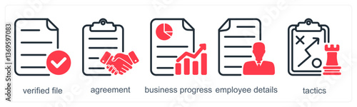 A set of 5 business icons as verified file, agreement, business progres