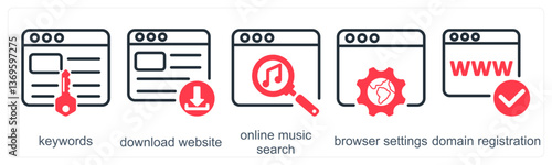 A set of 5 business icons as keywords, download website, online music search