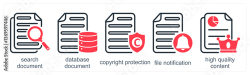A set of 5 business icons as search document, database document, copyright protection