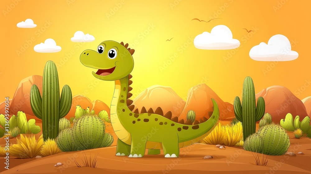 Happy cartoon dinosaur in a desert landscape at sunset. Happy cartoon dinosaur in a desert landscape at sunset.