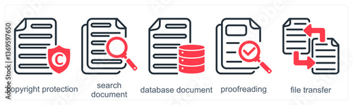 A set of 5 business icons as copyright protection, search document, database document