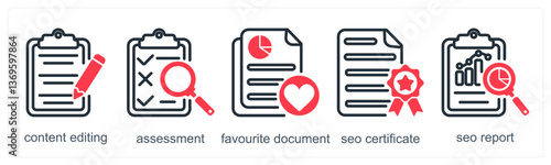 A set of 5 business icons as content editing, assessment, favorite document