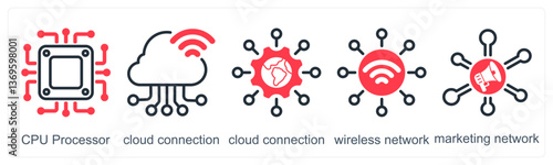 A set of 5 business icons as cpu processor, cloud connection, wireless network